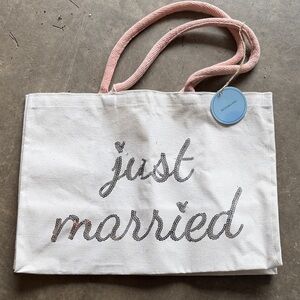 Just Married Canvas Tote Bag with Pink Handles